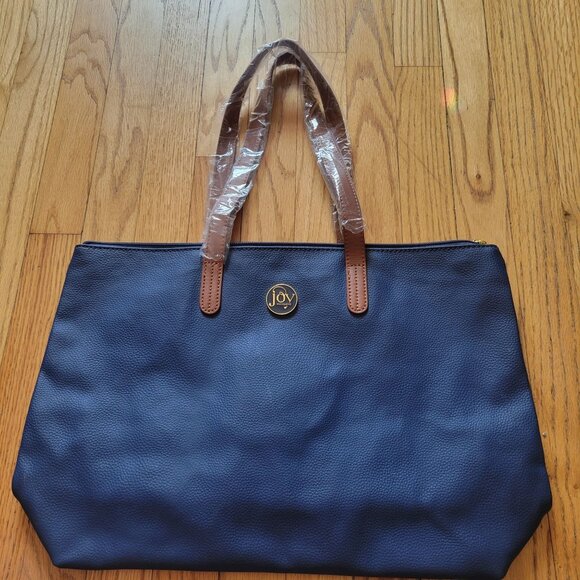 Joy Mangano Blue Leather Tote Bag With Brown Handles - Picture 5 of 12